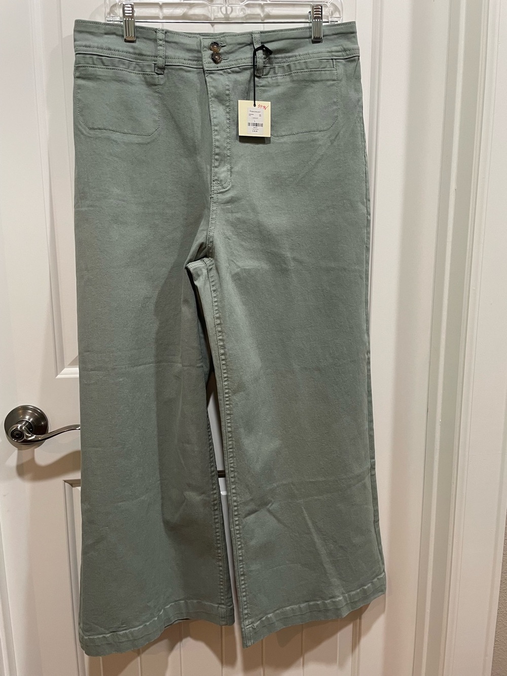 Tgla Wide Leg Casual Sage Green Twill Crop Pants Sz L NWT